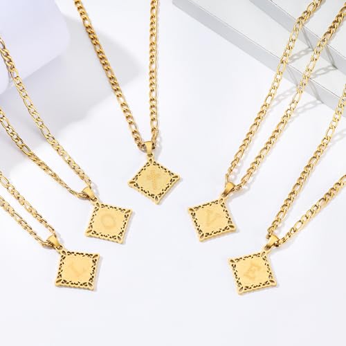 LETFLY Initial Necklaces for Women Men, 18K Gold Plated Letter Cross Pendant Necklace Alphabets A-Z Figaro Chain Jewelry Gifts - color: Rhombic, style: Letter R