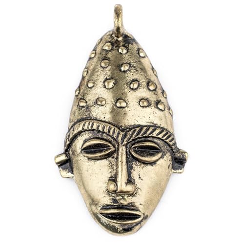 TheBeadChest Elongated African Brass Mask Pendant (50x90mm): Genuine West African Mask Design for DIY Jewelry & Necklaces - color: Brass, size: Large Elongated (50x90mm)