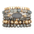 RIAH FASHION Bohemian Acrylic Druzy Multi-Layer Bead Statement Bracelet - Versatile Faux Stone Pendant Stretch Strand Stackable Cuff Bangle Set Sparkly Crystal - color: Bohemian Oval Druzy Set - Light Gray