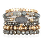 RIAH FASHION Bohemian Acrylic Druzy Multi-Layer Bead Statement Bracelet - Versatile Faux Stone Pendant Stretch Strand Stackable Cuff Bangle Set Sparkly Crystal - color: Bohemian Oval Druzy Set - Light Gray