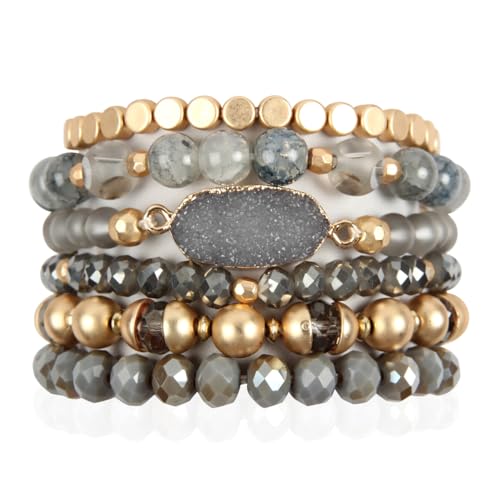 RIAH FASHION Bohemian Acrylic Druzy Multi-Layer Bead Statement Bracelet - Versatile Faux Stone Pendant Stretch Strand Stackable Cuff Bangle Set Sparkly Crystal - color: Bohemian Oval Druzy Set - Light Gray
