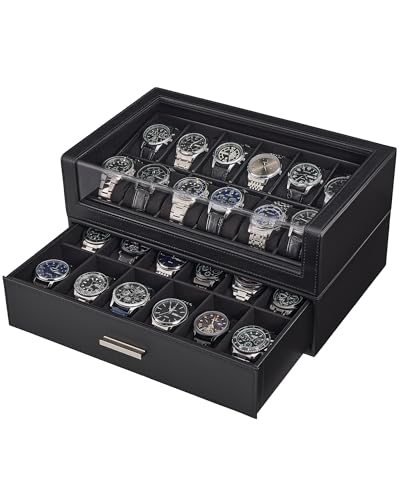 ProCase Watch Box for Men, 24 Slots Watch Display Holder with Clear Acrylic Top, Large Capacity PU Leather Case with Drawer Organizer, Jewelry Storage, Ideal Gift for Men Women -Black - color: Black, size: 24-Slot