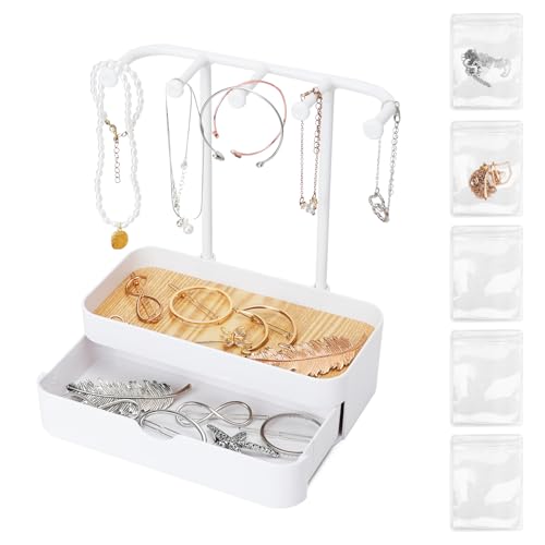 WCHOSOZH Jewelry Organizer Stand, 2-Tier Necklaces Holder with Wooden Tray and 5 Storage Hooks, Earring Holder with 5 Pcs Jewelry Bags for Bracelet,Chains,Rings,Earrings,Keys Watches (White) - color: Upgraded White