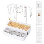 WCHOSOZH Jewelry Organizer Stand, 2-Tier Necklaces Holder with Wooden Tray and 5 Storage Hooks, Earring Holder with 5 Pcs Jewelry Bags for Bracelet,Chains,Rings,Earrings,Keys Watches (White) - color: Upgraded White
