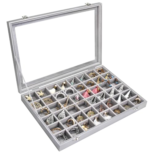 Siveit Jewelry Tray Organizer Box 48 Grid Jewelry Display Organizer Box with Transparent Lid Rings Earrings Necklaces Pendants Display Box Suitable for Women and Girls (48 Grid, Silver Grey) - color: Grey