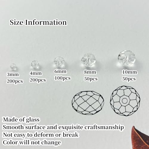 600pcs Crystal Glass Beads 3mm 4mm 6mm 8mm 10mm Rondelle Faceted Crystal Beads Spacer Beads for Necklace Bracelet Earrings DIY Jewelry Crafts Making Supplies(Clear) - color: Clear