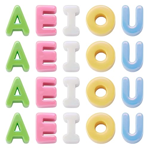 30Pcs Acrylic Vowel Letter Slider Beads Chunky Alphabet Letter Bead Charm Rainbow Color Large Initial Spacer Beads for Wristbands Bracelets Necklace Choker Jewelry Making - color: Mixed Color, Vowel