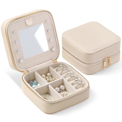 Genuine Leather Travel Jewelry Organizer Case with Mirror for Women, Small Mini Portable Jewelry Box for Ring Earrings Necklace Bracelet Luxury Gift for Women（Beige） - color: Nappa Leather Beige