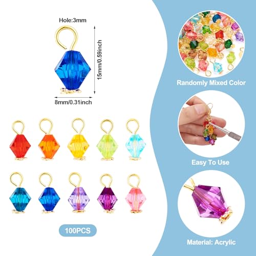 100Pcs Crystal Acrylic Dangle Charms Assorted Transparent Faceted Bicone Charms with Golden Iron Loops Min Small Jewelry Pendants for DIY Earrings Necklaces Bracelet Chain Jewelry Making Crafts