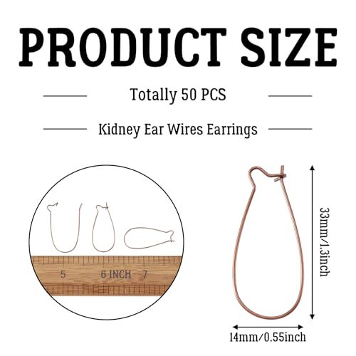 PH PandaHall 50-Piece Red Copper Kidney Earring Wires, Brass Hoop Earrings Components, 33mm/1.3inch