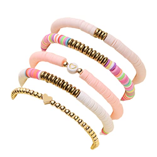 COLORFUL BLING 5-12Pcs Bohemian Love Heart Bead Bracelets for Women Vinyl Disc Heishi Surfer Stackable Stretch Bracelet Summer Beach Boho Jewelry - color: 5pcs white pink