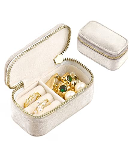 TAIMY Mini Jewelry Travel Case, Velvet Small Travel Jewelry Box, Portable Jewelry Travel Organizer Box for Rings Earrings Necklaces, Gifts for Women Girls(Beige) - color: Mini-Beige