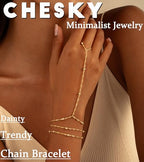 CHESKY 14K Gold Plated Hand Chain Bracelets for Women Set - Dainty Finger Ring Bracelet Stack Adjustable Hand Chains Durable Beaded Bracelets Trendy Simple Body Jewelry Gift for Women - style: 3beads bracelet-gold