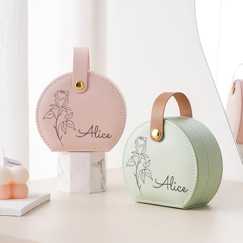Personalized Travel Jewelry Case, Custom Leather Customized Jewelry Organizer Box w/Name & Birth Flower Month - Birthday Gifts for Women Mom Jewelry Travel Case - style: 03-Birthflower