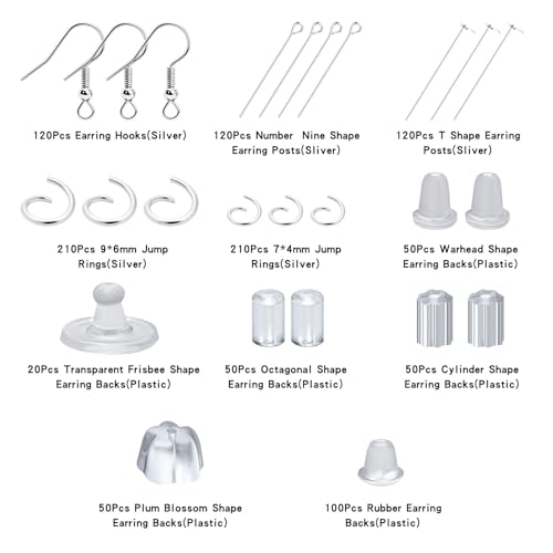 SONGIN Earring Making Kit, 1100 Pcs Jewellery Findings Earring Making Supplies Kit with Ear Hooks Posts Pins Open Jump Rings and 6 Styles Ear Backs (Silver) - color: Silver