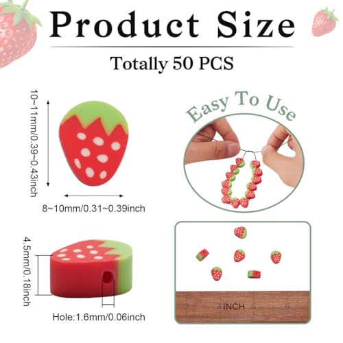 50PCS Handmade Polymer Clay Beads Strawberry Shape Red Loose Beads Fruit Theme Spacer Beads for DIY Bracelet Necklace Earring Charm Jewelry Making Hole 1.6mm - color: Strawberry # Red