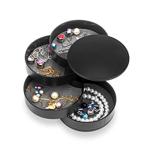 HengLiSam Jewelry Organizer, Small Jewelry Box Earring Holder for Women, Jewelry Storage Box 4-Layer Rotatable Jewelry Accessory Storage Tray with Lid for Rings Bracelets - color: Black