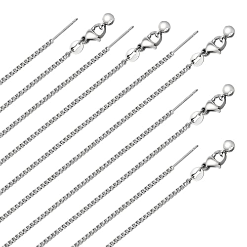 10 Pack Stainless Steel Dainty Box Chain Bulk 20Inch 1.1mm Adjustable Charm Necklace Chains With Rubber Stopper for Jewelry Making - color: Silver Box