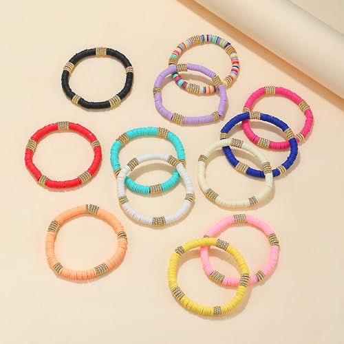 12pcs Friendship Bracelets Beaded Bracelets Heishi Bracelet Cute Bracelets Stack Vinyl Clay Disc Bead Surfer Stretch Summer Beach Bracelets For Women Preppy Bracelets - color: I