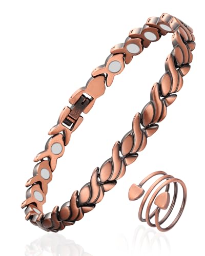 99.99% Pure Copper Magnetic Bracelet and Ring Set for Women, Heart Wire Design Adjustable Jewelry with 3800 Gauss Magnets, Elegant Gift Box (vintage) - color: Copper Set