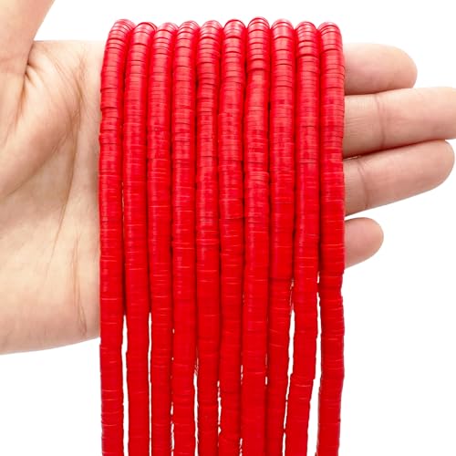 QiQnHngD 10 Strands Red Clay Beads for Friendship Bracelets, Heishi Beads for Bracelet Stack, Flat Spacers for Jewelry Making (Red) - color: Red