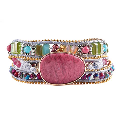YGLINE Women Boho Handmade Natural Stone Crystal Leather Bead Wrap Bracelets Collection - color: Rhodochrosite 2-3w