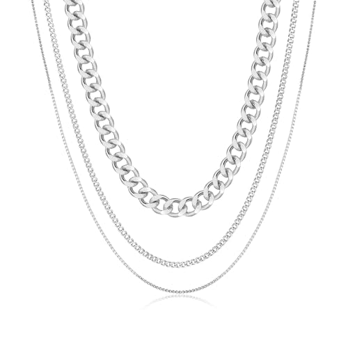 3PCS Gold Necklaces for Women,Chunky Statement Gold Plated Necklace Stack Layered Sterling Silver Herringbone Chains for Women Dainty Trendy Silver Chains Stacked Jewelry Gifts - color: silver statement necklace set