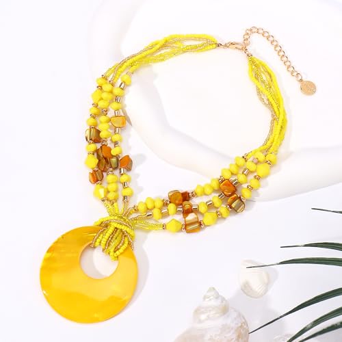 Coiris Shell Pendant Statement Strand Necklace for Women Boho Multi Beads Natural Stone Colorful Necklace Bohemian Handmade Chunky Shell Beaded Collar Jewelry for Women - color: Yellow