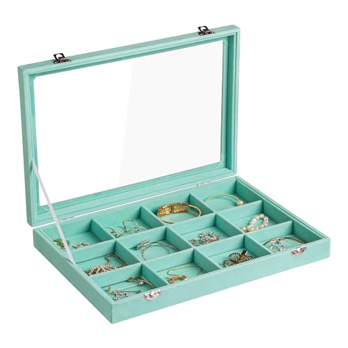 Frebeauty Velvet Jewelry Tray,12 Grid Jewelry Organizer with Clear Lid,Bracelets Holder,Jewelry Display Case with Clasp,Drawer Insert Bangle Brooch,13.8 x 9.5 x 2 Inches,Gift for Women Girl(Turquoise) - color: Turquoise, size: 12 Grid