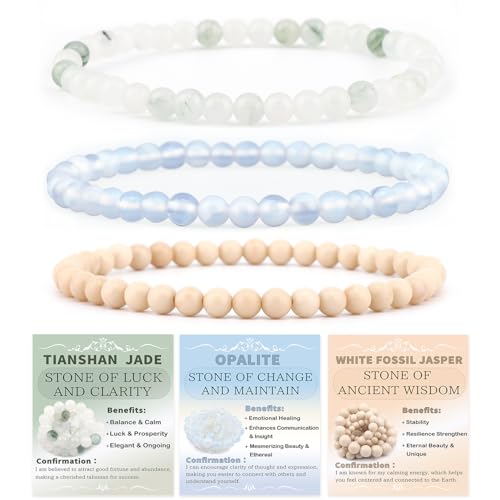 2/3-Pieces 4mm 6mm 8mm Natural Crystal Gemstone – Handmade Reiki Energy Healing Stretch Bracelets Jewelry for Yoga, Meditation, Unisex - color: 3 Pieces (Opalite&TianshanJade&WhiteFossilJasper), size: 4mm