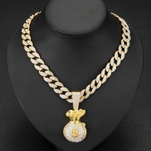 Ice Out Chain for Men Premium Zircon Stones Hypoallergenic Durable Hip-Hop Streetwear Chain Necklace Men - color: Gold, style: Dollars Bag