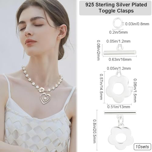 Beebeecraft 1 Box 10Pcs Bracelet Toggle Clasps 925 Sterling Silver Plated Flower T-Bar Clasps Toggle Ring Jewelry Findings Hole 1.2mm for Necklace Bracelet and DIY Jewelry Making - color: Silver