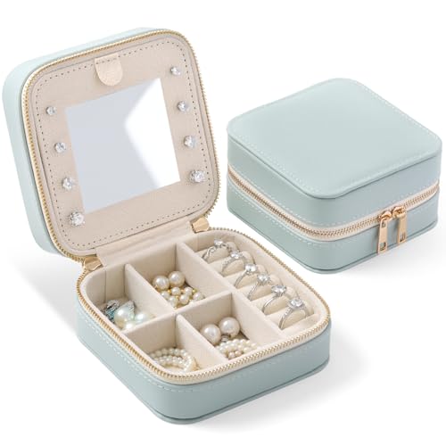 Genuine Leather Travel Jewelry Organizer Case with Mirror for Women, Small Mini Portable Jewelry Box for Ring Earrings Necklace Bracelet Luxury Gift for Women（Cyan） - color: Nappa Leather Cyan