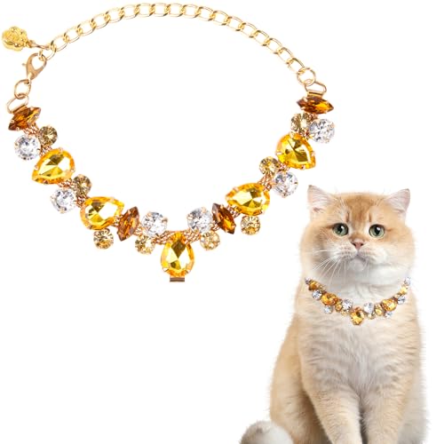 HOWWFALY Dog Collar and Cat Gold Chain Necklace Stainless Steel Adjustable Yellow Diamonds Collar with Cute Pet Paw for Small Medium Pets Cats Dogs Kitten Puppy - color: Yellow, size: Small
