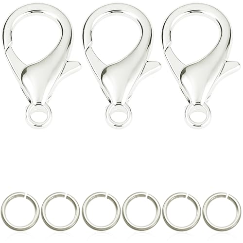 90PCs Fadeless Lobster Claw Clasps (10mm) & Jump Rings for Jewelry Making, Necklace Bracelet Findings & Supplies (Silver Plated) - color: Silver Plated
