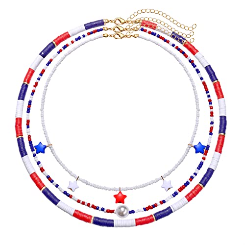 Surfer Heishi Bead Choker Necklace for Woman Star Pearl Polymer Clay Record Disc Beads Layered Necklace Boho Beach Necklace jewelry - color: red white blue heishi choker