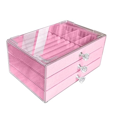 Clear Acrylic Velvet Jewelry Organizer with 3 Drawers, Stackable Display Storage Earrings Necklace Rings Bracelets Box Holder Case for Women, Pink - color: Pink