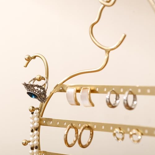 NIKKY HOME Cat Earring Holder Hanging Organizer Stand Metal Jewelry Tree Table Top Ear Stud Holder Tower Rack with Ring Tray and Hook for Girls (56 Holes), Gold