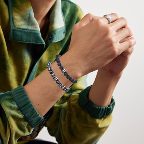 RANKEEF Tiger Eye Bracelet For Men 8MM Natural Stone Stretch Adjustable Black Crystal Beaded Bracelet for Men Women Gifts - color: 2,gray,lava rock bracelet