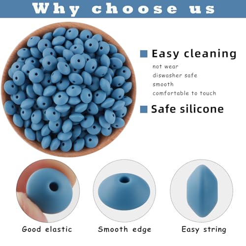 Sunrony 200Pcs Silicone Lentil Beads for Keychain Making, Bulk 12mm Silicone Abacus Spacer Beads for Necklace Bracelet Making Pens(Powder Blue) - color: G-Powder blue