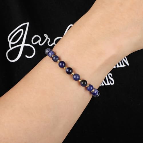 QOGIR 14k gold Handmade Healing Bracelet, Natural Gem Stone Crystal Elastic Gold Bracelet - color: Blue Sodalite - Self Confidence, size: 6m