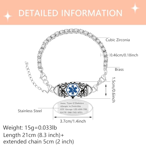 Women's Medical ID Bracelet with White Zircon Tennis Chain, Interchangeable Engraved Plate, Adjustable Lobster Clasp, Lightweight, Hypoallergenic, for Running, Outdoor, Daily Wear - color: Blue-PACEMAKER