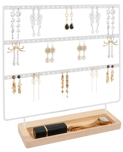 SLOZO Earring Holder Stand, 3 Tier Earring Organizer with 75 Holes, Metal Earring Holder with Wood Basic stand, Jewelry Organizer Display Stand for Earring Ring Ear Stud Bracelet (White+Log Color) - color: White+Log Color