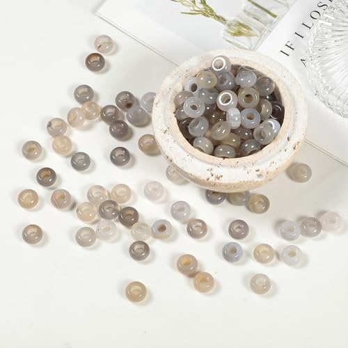 TUMBEELLUWA Natural Gemstone Beads for Jewelry Making, Rondelle Large Hole Loose Beads Pack of 15,Gray Agate(8x14mm) - color: Gray & White