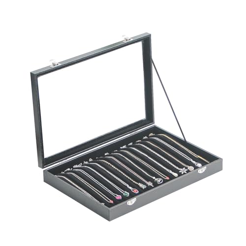 14 Hooks Necklace Storage Tray, Velvet Neckalce Organizer Box with Clear Lid, Pendant Chain Necklace Jewelry Organizer Drawer Tray for Women Girls (Black) - color: Black