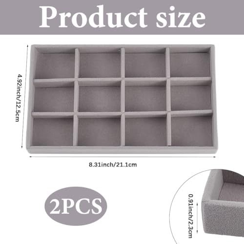 2Pcs 5 x 8.3 Inch Velvet Jewelry Trays Stackable Jewelry Organizer Removable Divider 12 Grids Divided Gray Necklace Storage Container Box Dresser Drawer Case for Earring Ring Display Showcase - style: 12 Grids