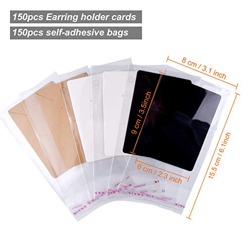 MIAHART 150 Set Earring Cards, Earring Display Cards with Self-Sealing Bags for Stud Earrings Dangle Earring Holder Card for Selling (White, Black, Kraft) - color: Multicolor