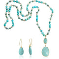 2 Pcs Boho Lapis Lazuli Jewelry Set for Women - Handmade Natural Stone Beaded Long Necklace with Oval Lapis Lazuli Pendant & Trapezoid Lapis Lazuli Earrings | Vintage Elegance | Ideal Gift for Her - style: Turquoise Pendant