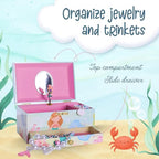 The Memory Building Co Mermaid Musical Jewelry Box Plays Classic Melody, Storage Organizer Music Box for Kids Ages 6-12, MDF Wood w/ 2 Fabric Lined Ring Bracelet Necklace Treasure Compartments - style: Mermaid