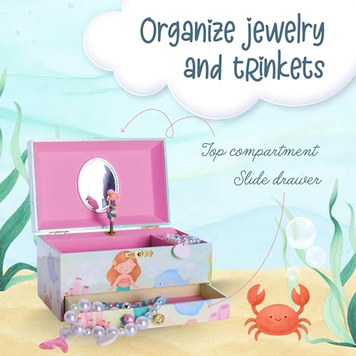 The Memory Building Co Mermaid Musical Jewelry Box Plays Classic Melody, Storage Organizer Music Box for Kids Ages 6-12, MDF Wood w/ 2 Fabric Lined Ring Bracelet Necklace Treasure Compartments - style: Mermaid